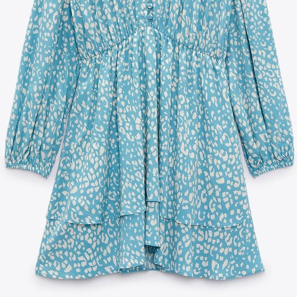 NEW Zara Animal Leopard Print V Neck Layered Ruffle Skirt Cute Mini Dress Blue S - Picture 9 of 10